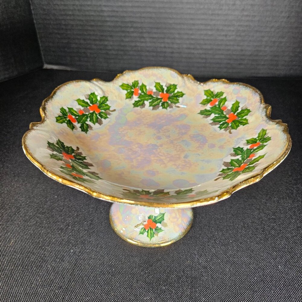 1950s Ucagco Holly And Berries Christmas Compote Pedestal Dish Lustreware